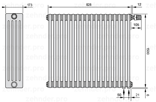Схема (чертеж) Радиатор Zehnder Charleston 5150/18 №V002 Белый глянцевый RAL 9016